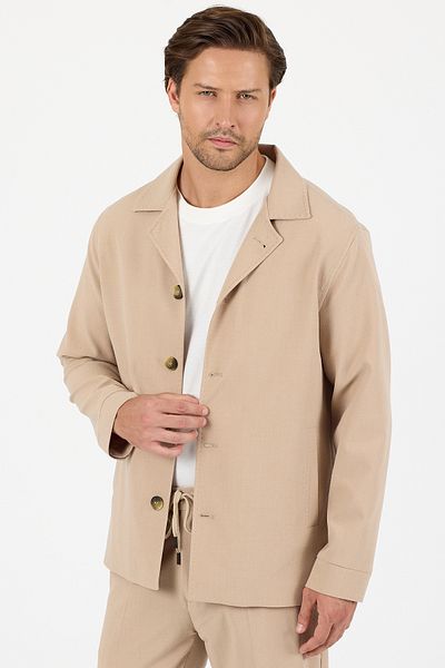 Frappoli Lucos Men's Beige Lycra Stretch Fabric 2-Piece Overshirt Jacket + Jogger Elastic Pants