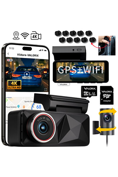 Valorix Cameră auto DVR 4K UHD + 1080p cu GPS, Wi-Fi, senzor Sony IMX335, unghi de 170°+140°