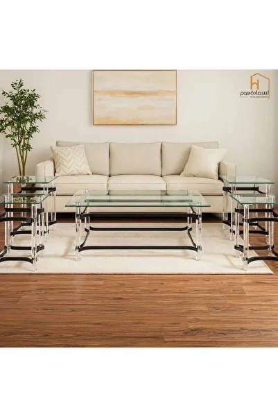 Al Saada Home Set of Acrylic Steel Tables - Rectangular - Black - 4+1 Pieces