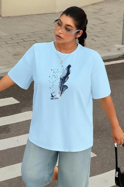 DM DOLCE MORE تي شيرت للجنسين مطبوع عليه ريش أزرق مقاس كبير