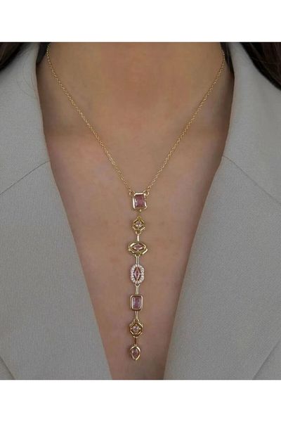 GUNESTAKI Gold pink stone element steel y necklace
