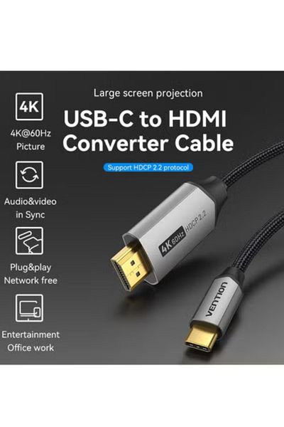 Vention USB-C to HDMI Cable 2M,4K@60Hz,Compatible with MacBook Pro,Galaxy, Laptops, Projectors