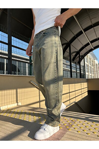 XPUPPETWEAR Erkek Eskitme Mavi Yıkamalı Baggy Jean