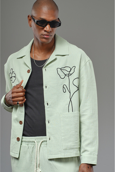 Butik Trend Biz Embroidery Detailed Linen Shirt Trousers Set