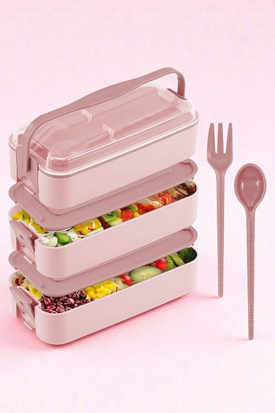 İronika 1260 ml 3 Layer Lid Cutlery Lunch Box Lunch Box Nutrition Container - Pink
