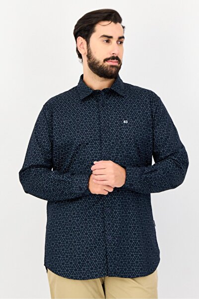 Kenneth Cole قميص رجالي كاجوال هندسي بأكمام طويلة وقصة ضيقة، متعدد الألوان