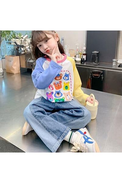 L&Wen Girls Playful Crewneck Raglan Long Sleeves T-shirt, Cartoon Print Kids Top 90 (2-3 Years)