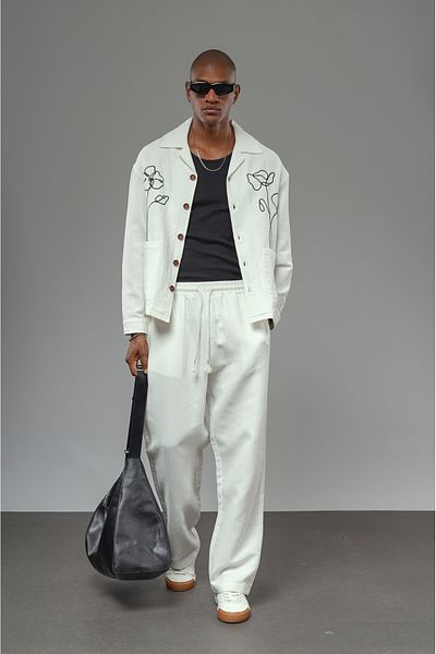 Butik Trend Biz Embroidery Detailed Linen Shirt Trousers Set
