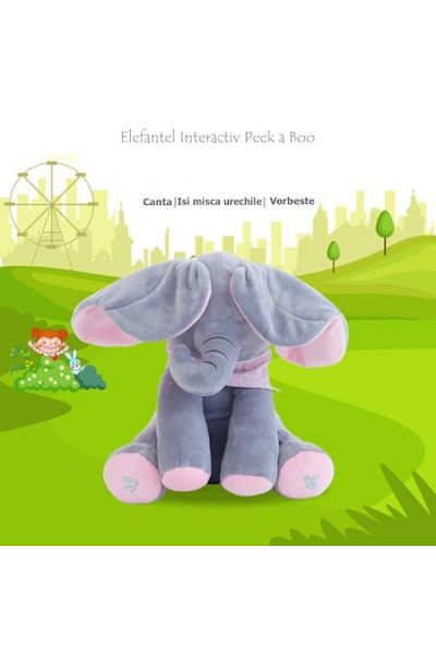 FOXMAG24 Interactive elephant toy, FOXMAG24, peek a boo, sings and talks, 30x15 cm, gray/pink
