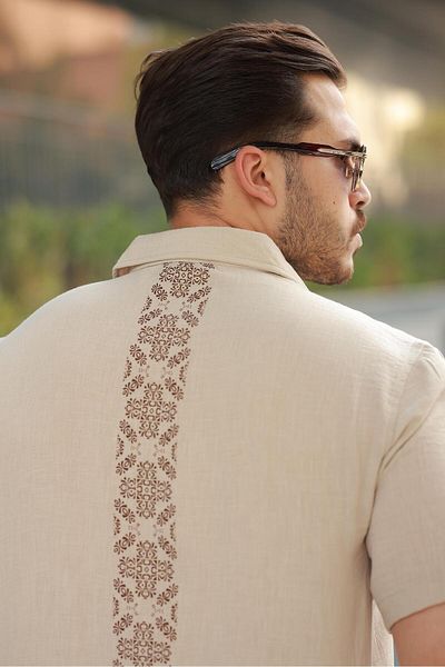 Miron Men's Beige Linen Shirt with Embroidery Detail on the Back - Short Sleeve - 2535