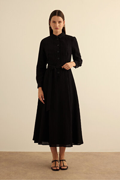 Aker Siyah Doğal Dokulu Kumaş Gömlek Elbise