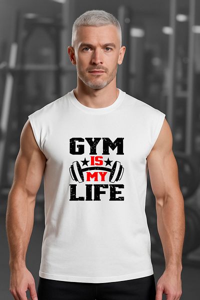 BESSA White Printed Sports Tank Top Crew Neck Cotton Sleeveless Tank Top Gym Life Men's