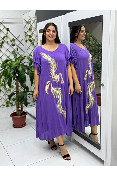 Punta Otantik VL9636 Tüy Baskılı Yarım Kol Vual Elbise Mor