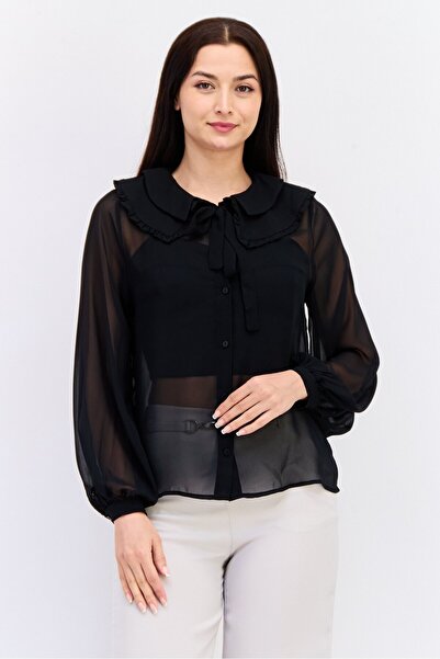 Koton بلوزة نسائية سادة بأكمام طويلة وياقة مكشكشة، لون أسود