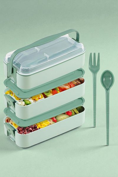 İronika 1260 ml 3 Layer Lid Fork Knife Lunch Box Lunch Box Nutrition Container - Green