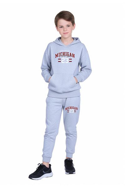 FYK COLLECTİON Michigan Printed Boy's Tracksuit with Kangaroo Pocket Hoodie