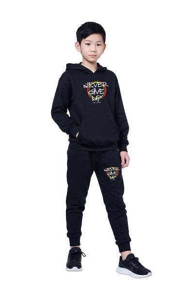 FYK COLLECTİON Kangaroo Pocket Hooded Never Give Printed Boy's Tracksuit Set