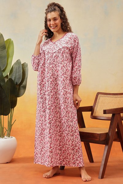 Clovia Feeding Print Me Pretty Long Nighty in Light Pink - 100% Cotton