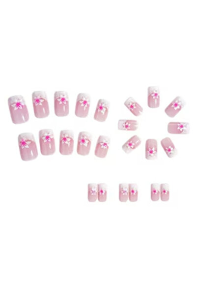 McCartney Set 12 unghii false Kerr, roz cu flori albe