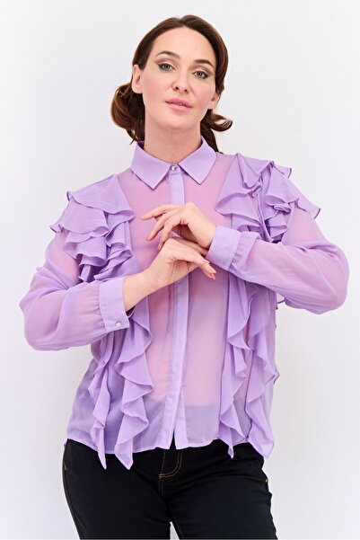 Koton قميص نسائي بأكمام طويلة وياقة مدببة وتفاصيل كشكشة، أرجواني