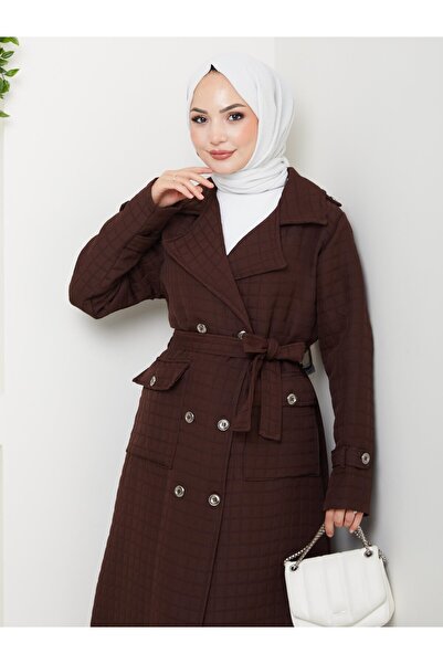 Hb Harma Time Butik Kadın Örme Kapitone Kuşaklı Düğmeli Kahverengi Trenç