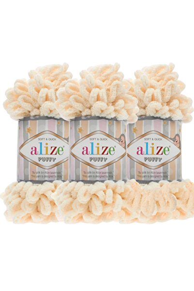 Alize Puffy 3’lü Paket El Örgü İpi - Şişsiz – 100g x 3 Adet – Renk No: 742 - Vanilya