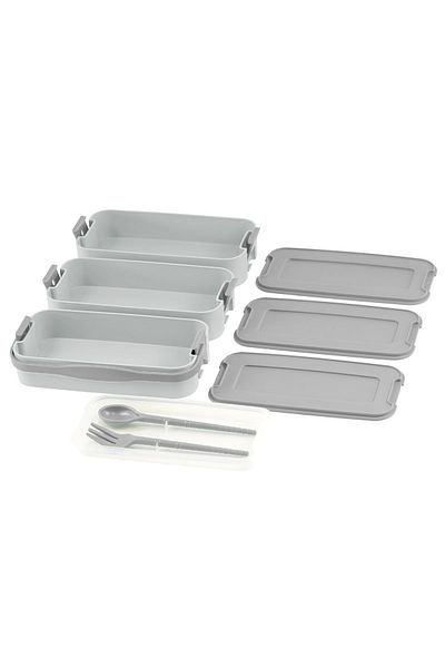 İronika 1260 ml 3 Layer Lid Fork Knife Lunch Box Lunch Box Nutrition Container - Gray