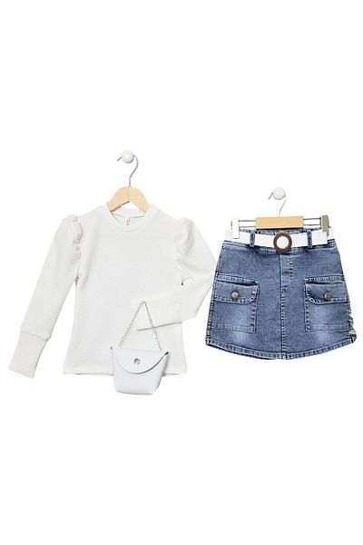 Celira Blue Denim Shorts Skirt Houndstooth Girl's Suit 1025