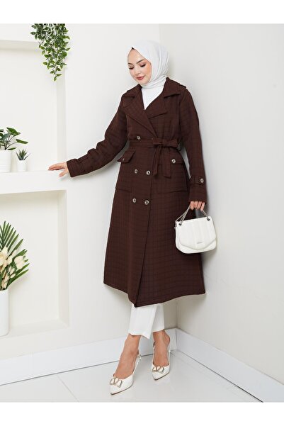 Hb Harma Time Butik Kadın Örme Kapitone Kuşaklı Düğmeli Kahverengi Trenç