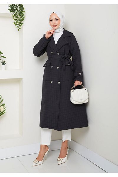 Hb Harma Time Butik Women's Knitted Quilted Belted Buttoned Black Trench