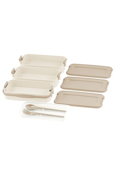 İronika 1260 ml 3 Layer Lid Fork Knife Lunch Box Lunch Box Nutrition Container - Brown