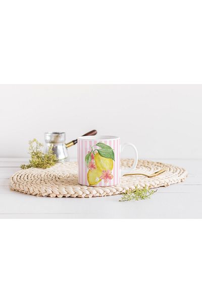 EYBaskı Tasarım Pink Striped Lemon Patterned Porcelain Mug – Summer Atmosphere Design