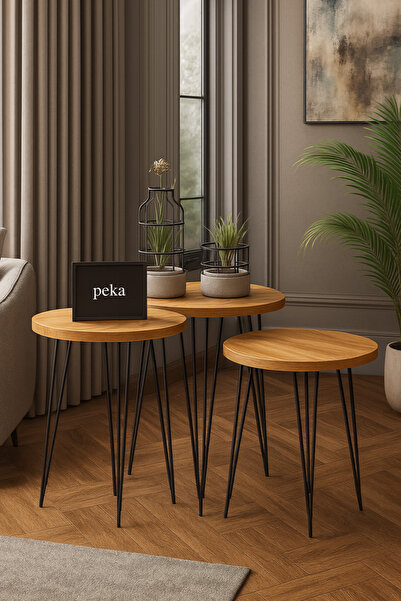 PEKA Zigon Sehpa Metal Ayaklı 3’lü Set Yuvarlak Lüx