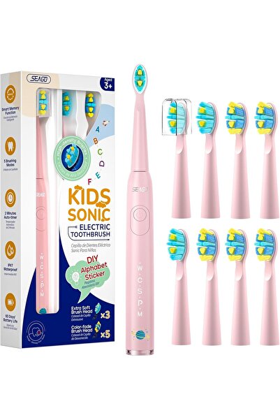 seago فرشاة أسنان كهربائية سونيك قابلة لإعادة الشحن للأطفال، 8 رؤوس فرشاة، 5 أوضاع (وردي)