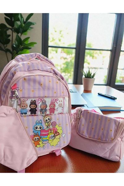 ÇEÇEN HOME (Nutrition+Backpack) Labubu Girl's Primary School Backpack, Labubu Figured Primary School Bag Set