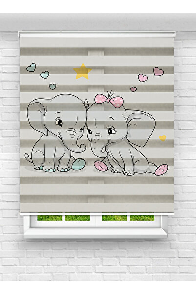 Mas Sevimli Fil Desenli Zebra Perde - Bebek ve Çocuk Odası İçin Tatlı Desenli Zebra Gölgelik Perde
