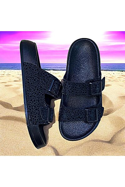 KAFKASLAR AYAKKABI Silvery Buckle Croka Black Orthopedic Slippers