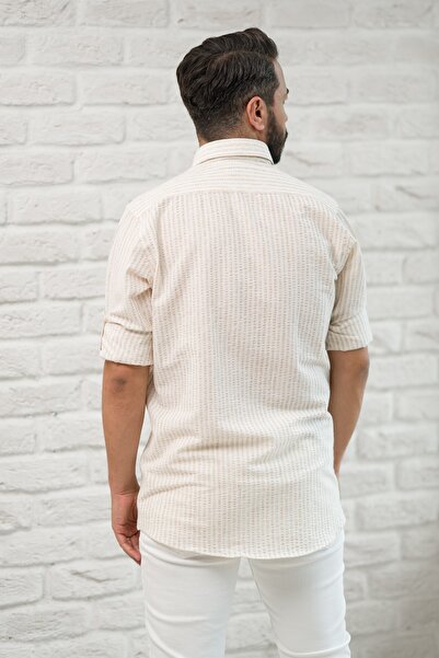 alenmeza Slimfit Fit Collar Buttoned Striped Summer Seersucker Fabric Men's Shirt