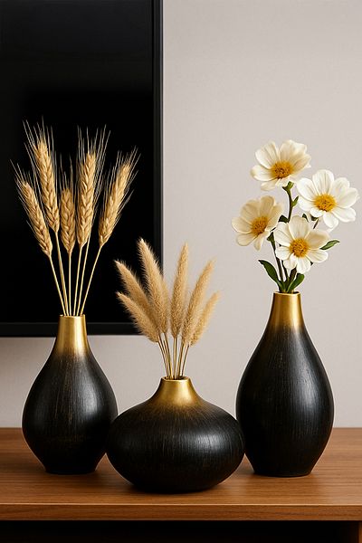 Hmydesign GoldenShadow Set de 3 vaze decorative din ceramică realizate manual