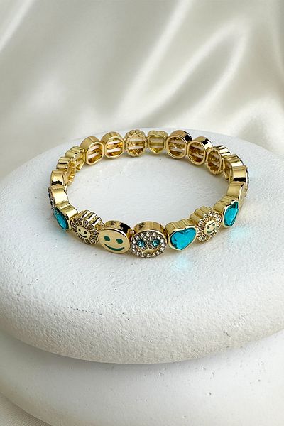 Modex Special Series Gold Color Smiling Face Heart Detail Stone Rubber Bracelet
