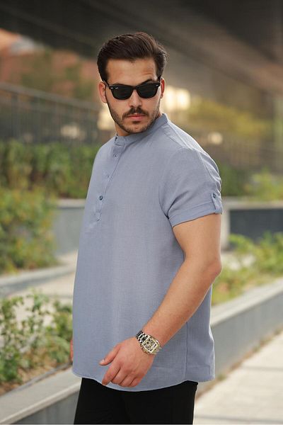 Miron Men's Light Blue Judge Collar Buttoned Linen Shirt - Short Sleeve - 2536