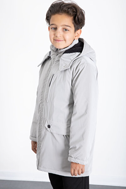 Cansın Mini Gri Fermuarlı Göğüs Cepli İçi Kürklü Erkek Çocuk Kapüşonlu Mont 21355