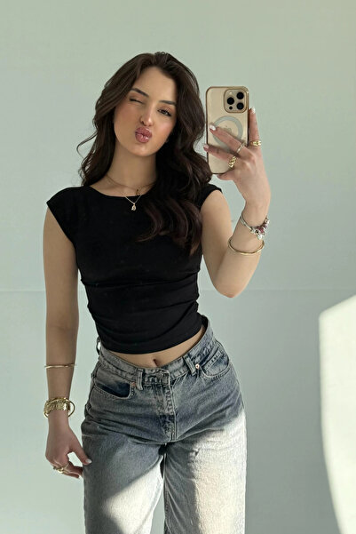 ModaLavida Lavida Külah Kol Yan Büzgülü Kayık Yaka Kadın Crop