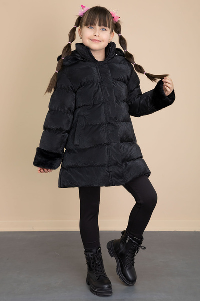 Cansın Mini Black Sleeve Fur Detailed Wool Inside Girl's Hooded down Coat 21326