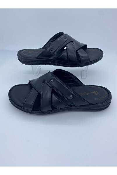 BURAK ALDAY SHOES Erkek Hakiki Deri Masaj Tabanlı Siyah Terlik