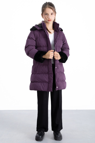 Cansın Mini Purple Sleeve Fur Detailed Wool Inside Girl's Hooded down Jacket 21327