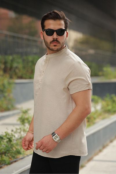 Miron Men's Beige Judge Collar Buttoned Linen Shirt - Short Sleeve - 2536