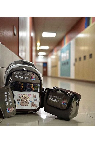 ÇEÇEN HOME (Nutrition+Pencil+Backpack) Cabybara Primary School Set for Boys, Cabybara Primary School Bag Set