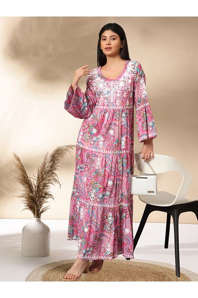 alaya Hand Embroidered Chikankari A-Line Gathering Pattern Mulmul Cotton Jalabiya-AL3673