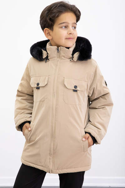 Cansın Mini Beige Snap Fastener Chest Pocketed Fur Lined Boy's Hooded Coat21352